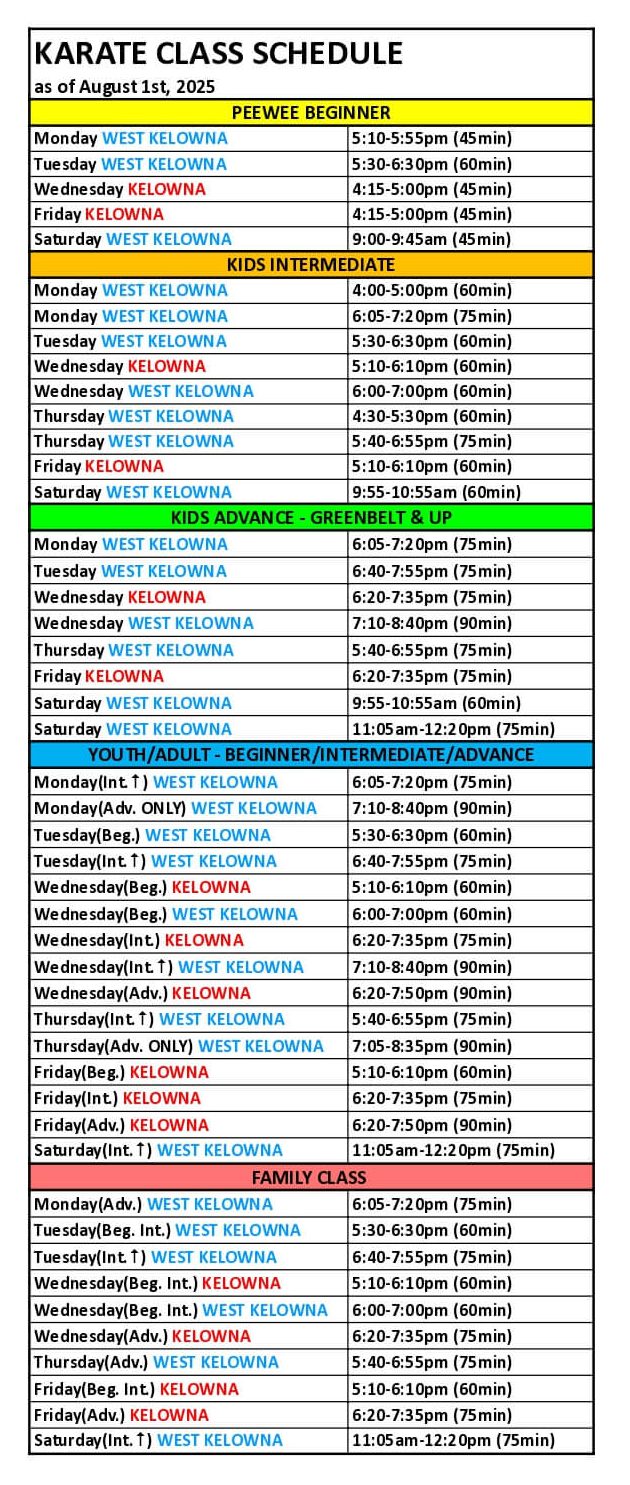 Karate Class Schedule (as of August 1st, 2025) Karate Class Schedule (as of August 1st, 2025)
